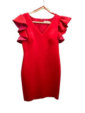 Eliza J Red V-Neck Mini Dress with Ruffle Cap Sleeves